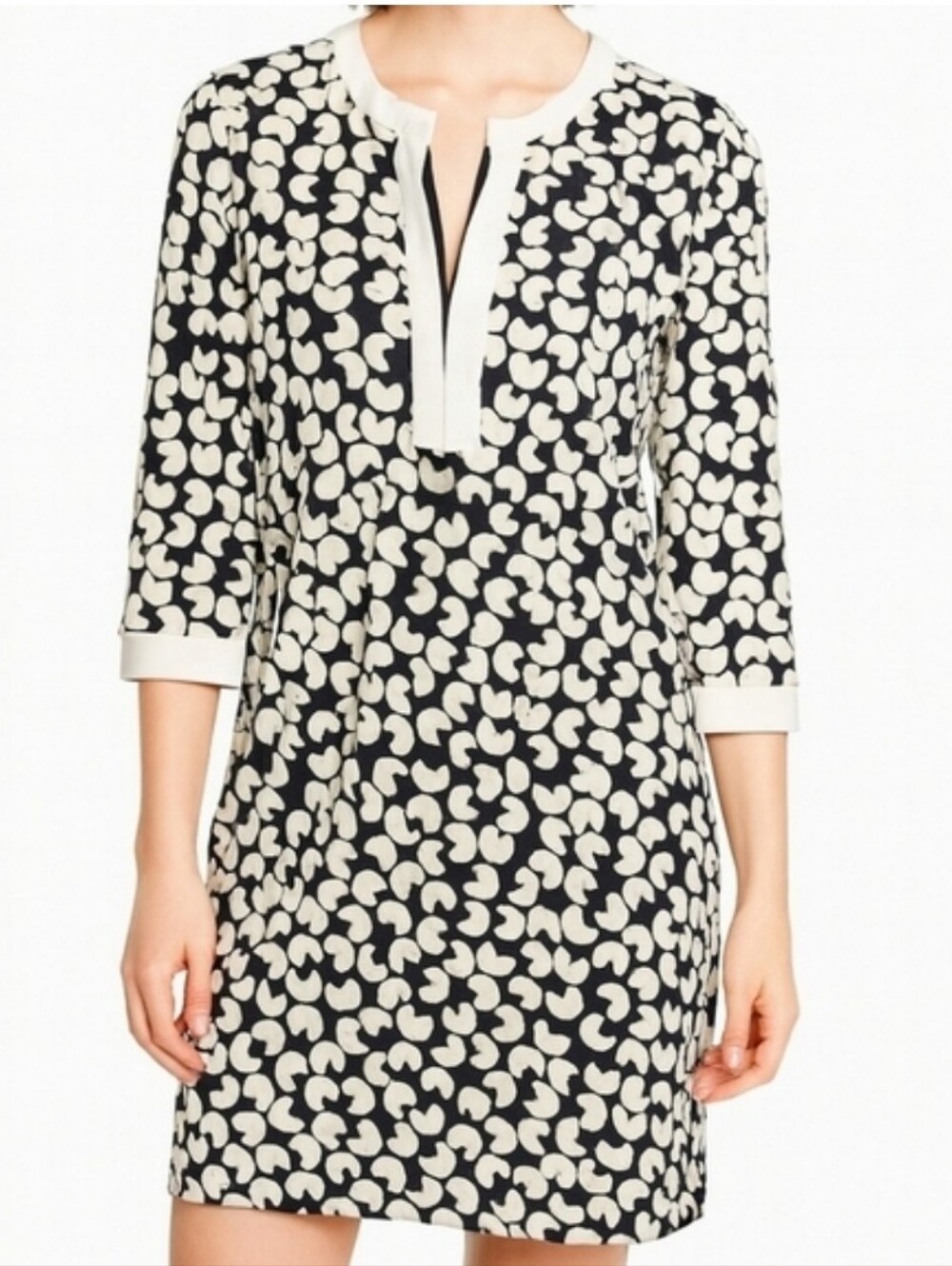 Diane Von Furstenberg Black and White Printed 3/4 Sleeve Midi Casual Dress